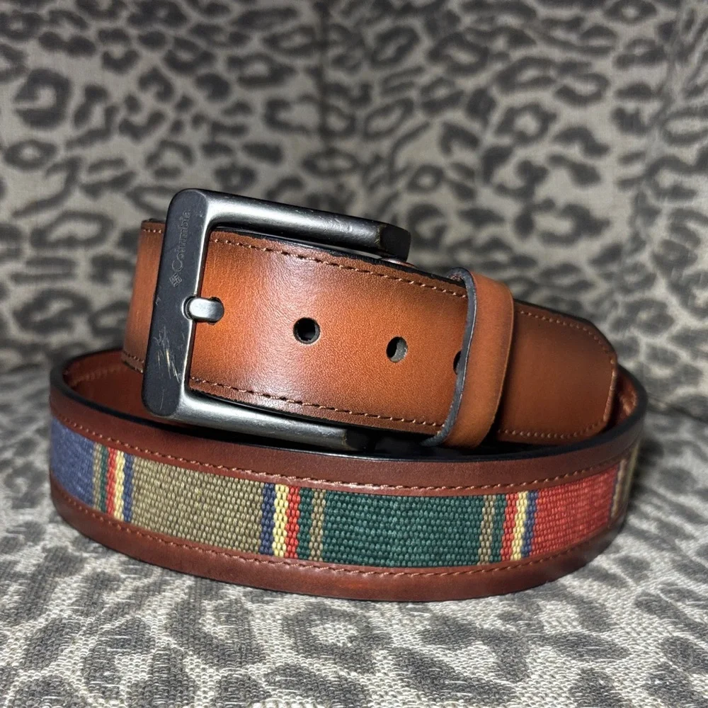 Columbia wide leather belt with Guatemalan fabric inlay bohemian belt LG 38-40